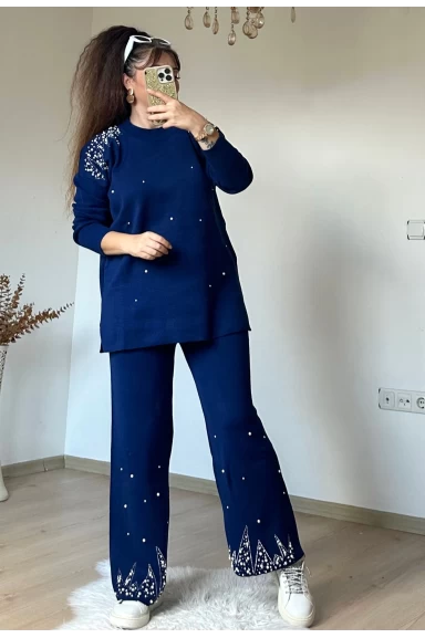 Omuz Ve Paça İncili Taşlı Takım Lacivert
