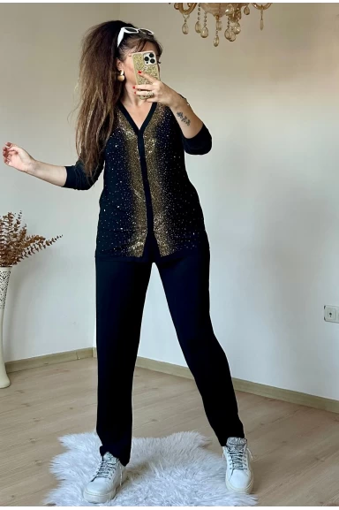 Ön Boydan Gold Taşlı Uzun Kol Takım