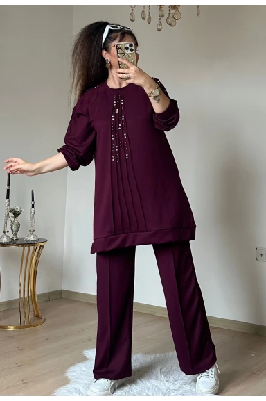 Ön Dikiş Detaylı Taşlı Takım Bordo Büyük Beden