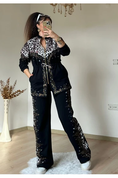 Ön Fermuarlı Taşlı Leopar Takım