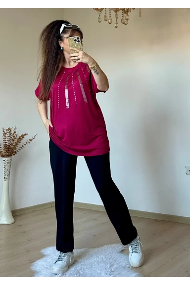 Ön Şerit Taşlı Takım Bordo
