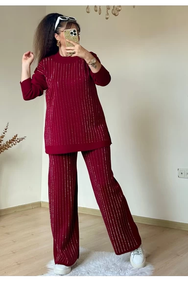 Ön Taşlı Triko Takım Bordo