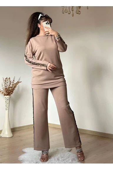 Pul Payet Şerıtlı Takım Bej