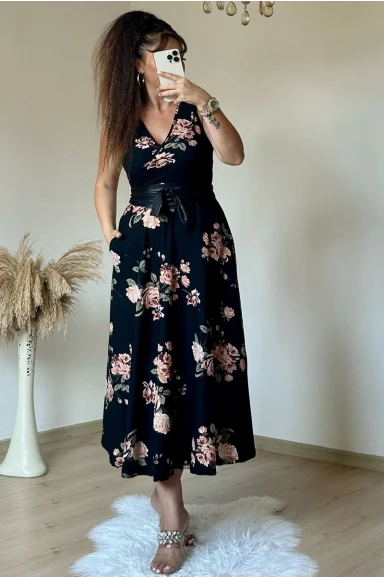 Sıfır Kol Çiçekli Krep Elbise