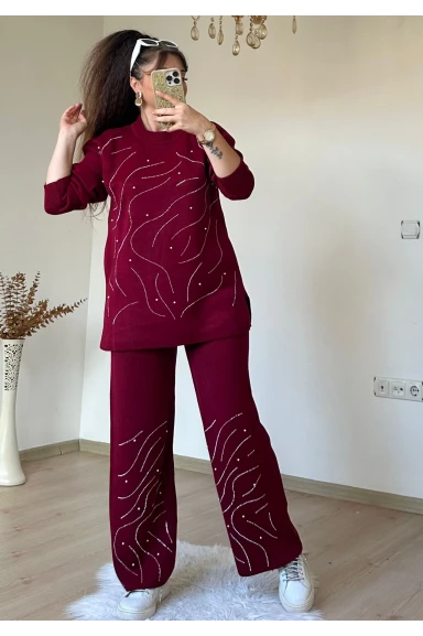 Su Yolu İncılı Taşlı Takım Bordo