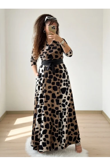 Tam Boy Koyu Leopar Elbise