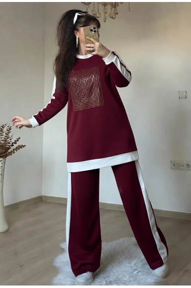 Uzun Kol Ön Kare Taşlı Takım Bordo