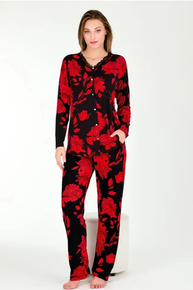 Uzun Kol Onü Düğmeli Kırmızı Çiçekli Bayan Pijama Takımı