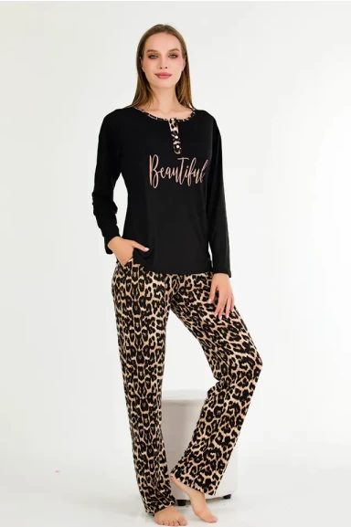 Uzun Kol Yaka Düğmeli Leopar Bayan Pijama Takımı