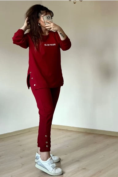 Uzun Kol Yan Çıtçıtlı Bordo Takım