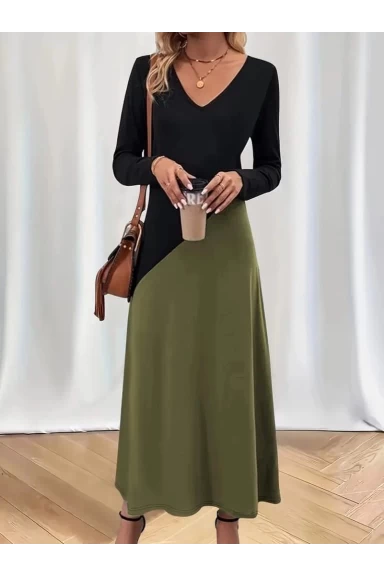 V Yaka Blok Desenlı Elbise Haki