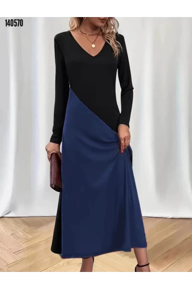 V Yaka Blok Desenlı Elbise Mavi
