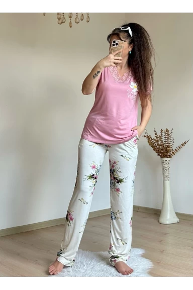 Yaka Dantelli Takım Pembe