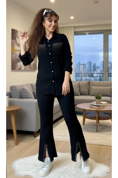 Yaka Taşlı Paça Detaylı Takım Siyah