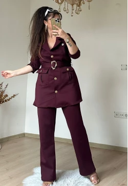 Kemerli Gold Dügmelı Takım Bordo