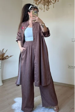 Yaka Nakış İşlemeli Takım Kahve