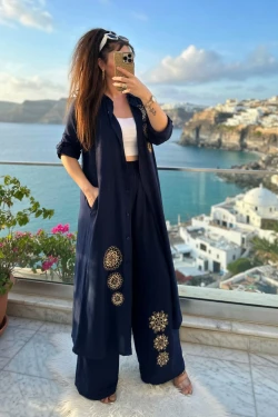 Nakış işlemli ikili Takım Lacivert