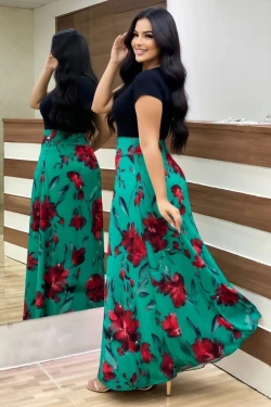 Yeşil İri Gül Desen Viskon Elbise