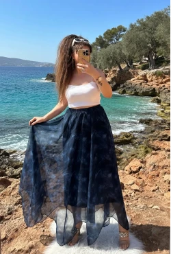 Eteği Çapraz Mavi Desen Şifon Etek