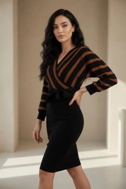 Üst Çizgili Alt Siyah Triko Elbise -KAHVE