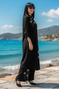 Papatya Nakışlı Takım Siyah