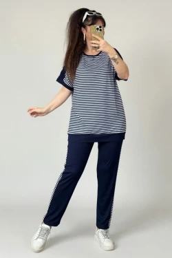 Bisiklet Yaka Çizgili Takım Lacivert
