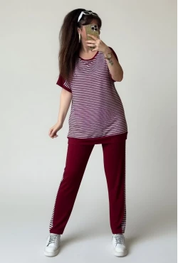 Bisiklet Yaka Çizgili Takım Bordo