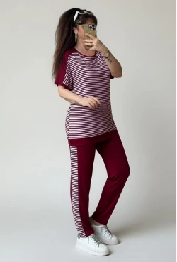 Bisiklet Yaka Çizgili Takım Bordo