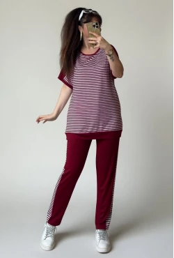 Bisiklet Yaka Çizgili Takım Bordo