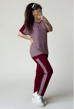 Bisiklet Yaka Çizgili Takım Bordo