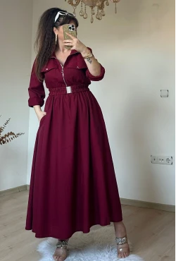 Yaka Cepli Spor Elbıse Bordo