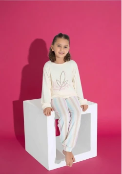 Ekru Çizgi Desen Çocuk Pijama Takımı