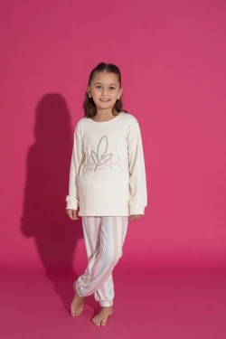 Ekru Çizgi Desen Çocuk Pijama Takımı