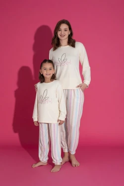 Ekru Çizgi Desen Çocuk Pijama Takımı