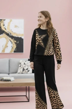 Kız Çocuk Yıldız Baskılı Leopar Desenli Takım