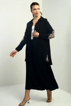 Nakışlı Oversize Pantolon Etek Gomleklı Takım Siyah