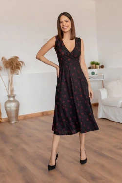 Sıfır Kol Kırmızı Kar Tanesi Desenli Krep Elbise