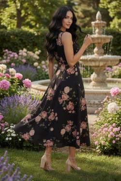 Sıfır Kol Çiçek Desen Krep Elbise