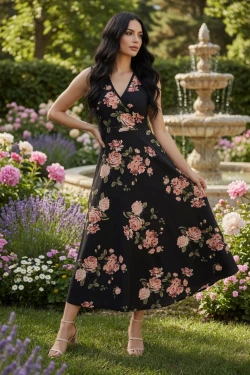 Sıfır Kol Çiçek Desen Krep Elbise