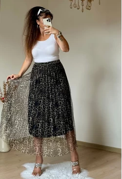 Açık Leopar Tül Etek