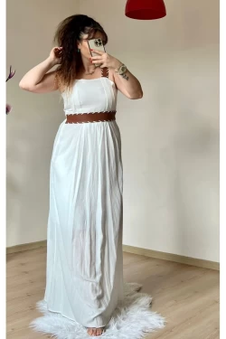 Askılı Deri Kemerli Elbise Beyaz