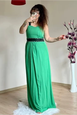 Askılı Deri Kemerli Elbise Yeşil