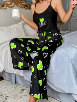 Askılı Kalpli Pijama Takımı Yeşil