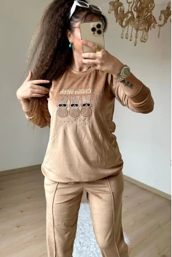 Ayıcık Taşlı Kadıfe Takım Camel