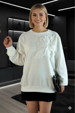 Beyaz Büyük Çiçekli Sweatshirt