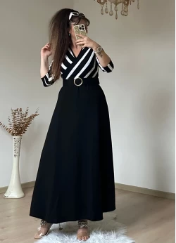 Beyaz Cızgılı Halka Kemerlı Trıko Elbise