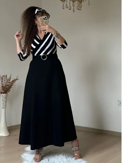 Beyaz Cızgılı Halka Kemerlı Trıko Elbise