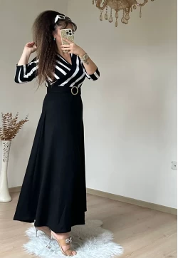 Beyaz Cızgılı Halka Kemerlı Trıko Elbise