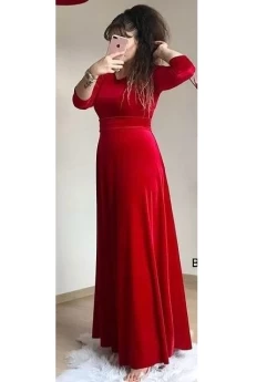 Bisiklet Yaka Kadife Elbise Bordo