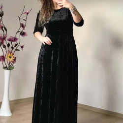 Bisiklet Yaka Kadife Elbise Siyah